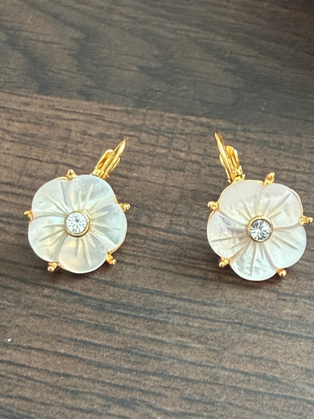 Kate Spade Flower Earrings Gold Tone with Mother of Pearl and Rhinestone